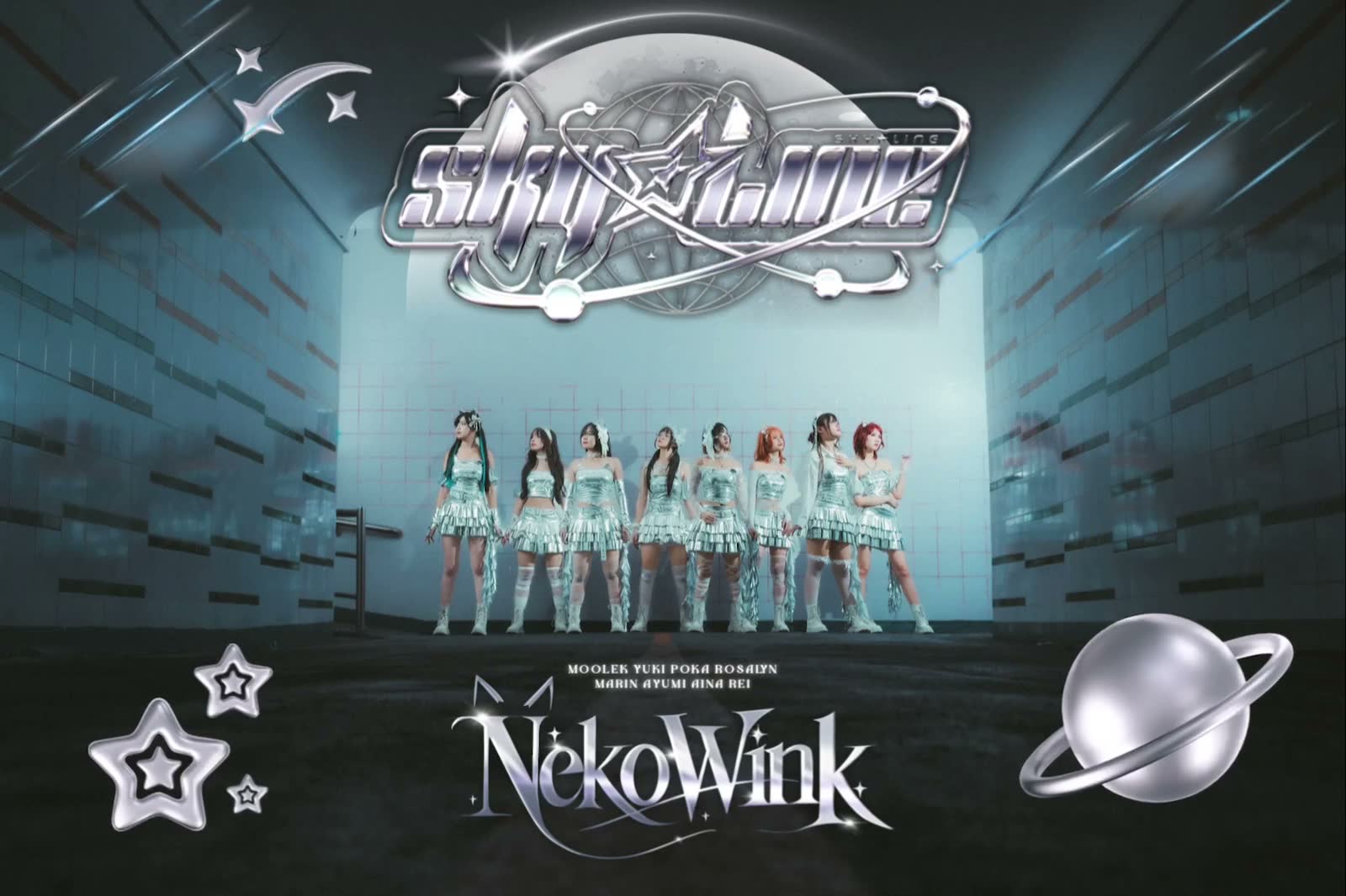 NekoWink's eight members in metallic aqua stage costumes, standing in a chrome corridor beneath the SKY☆LINE logotype and a full moon